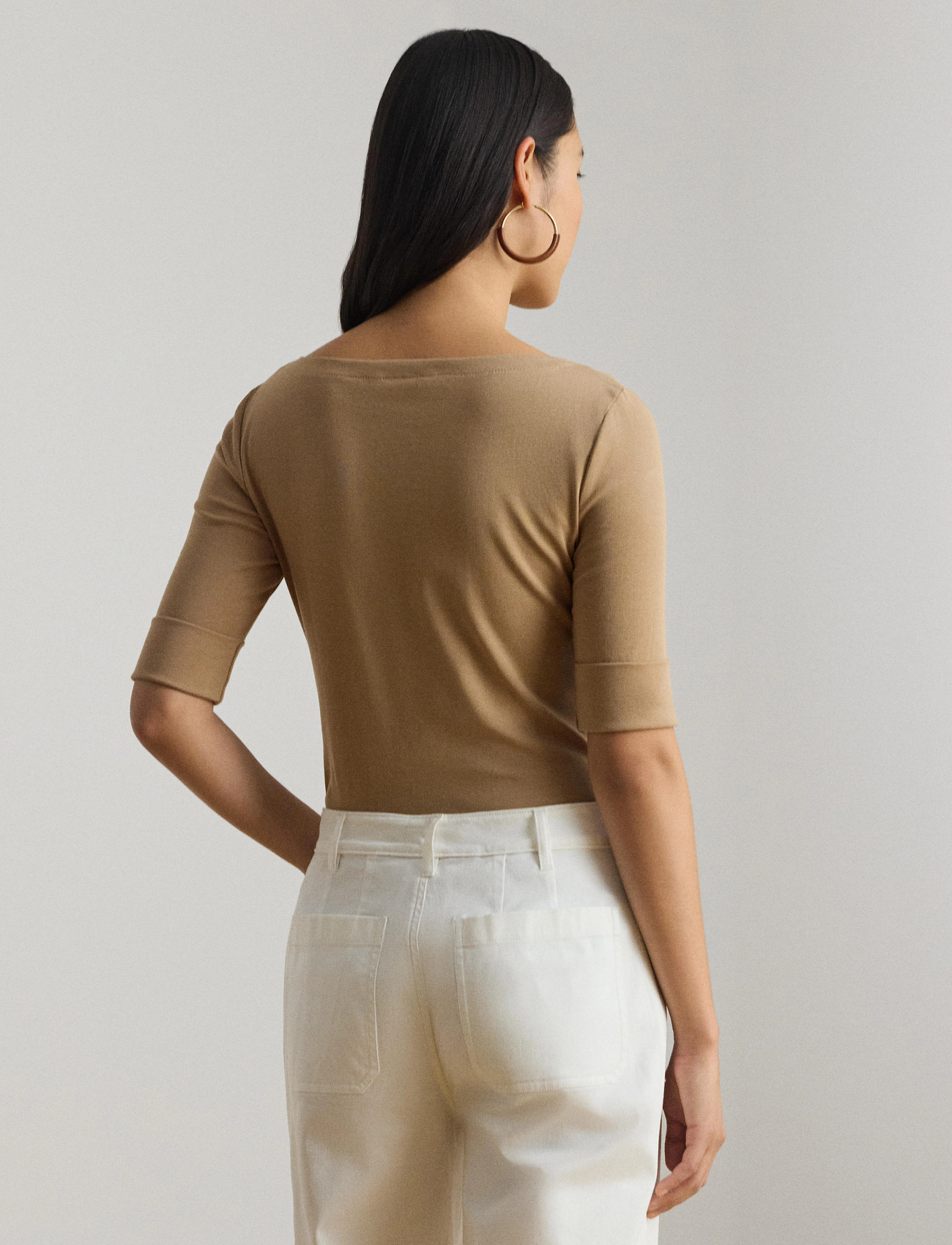 Lauren Ralph Lauren Stretch Cotton Boatneck Tee, L, Beige, T-Shirts & Toppe > Kortærmede, Dame