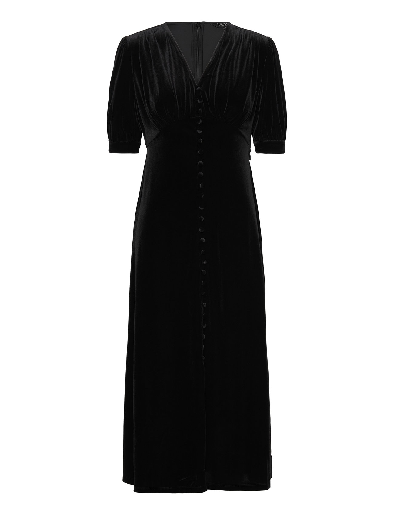Stretch Velvet Puff-Sleeve Midi Dress Knälång Klänning Black Lauren Ralph Lauren