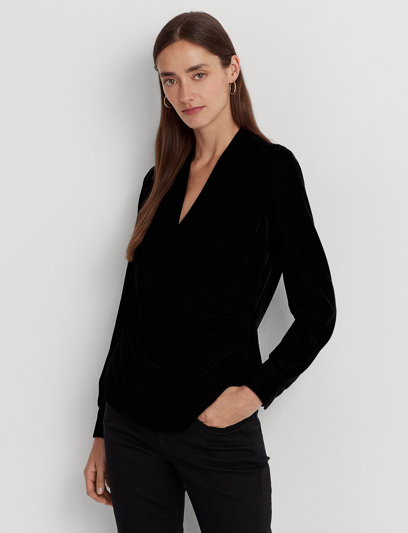 Lauren Ralph Lauren Pleated Velvet Surplice Blouse, 38, Black, Bluser > Langærmede, Dame