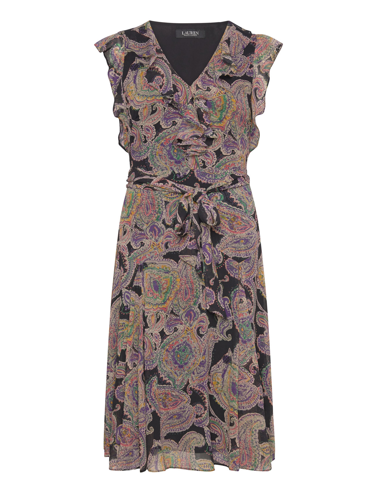 Paisley Belted Crinkle Georgette Dress Knelang Kjole Black Lauren Ralph Lauren