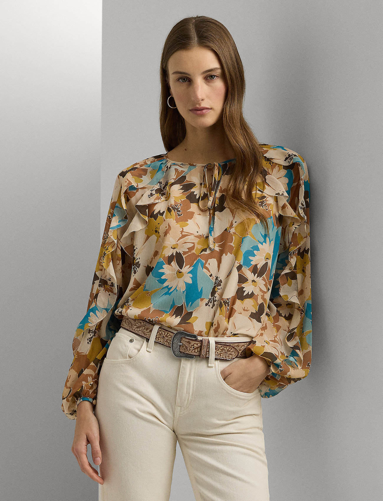 Lauren Ralph Lauren Floral Crinkle Georgette Tie-Neck Blouse, S, Beige, Bluser > Langærmede, Dame