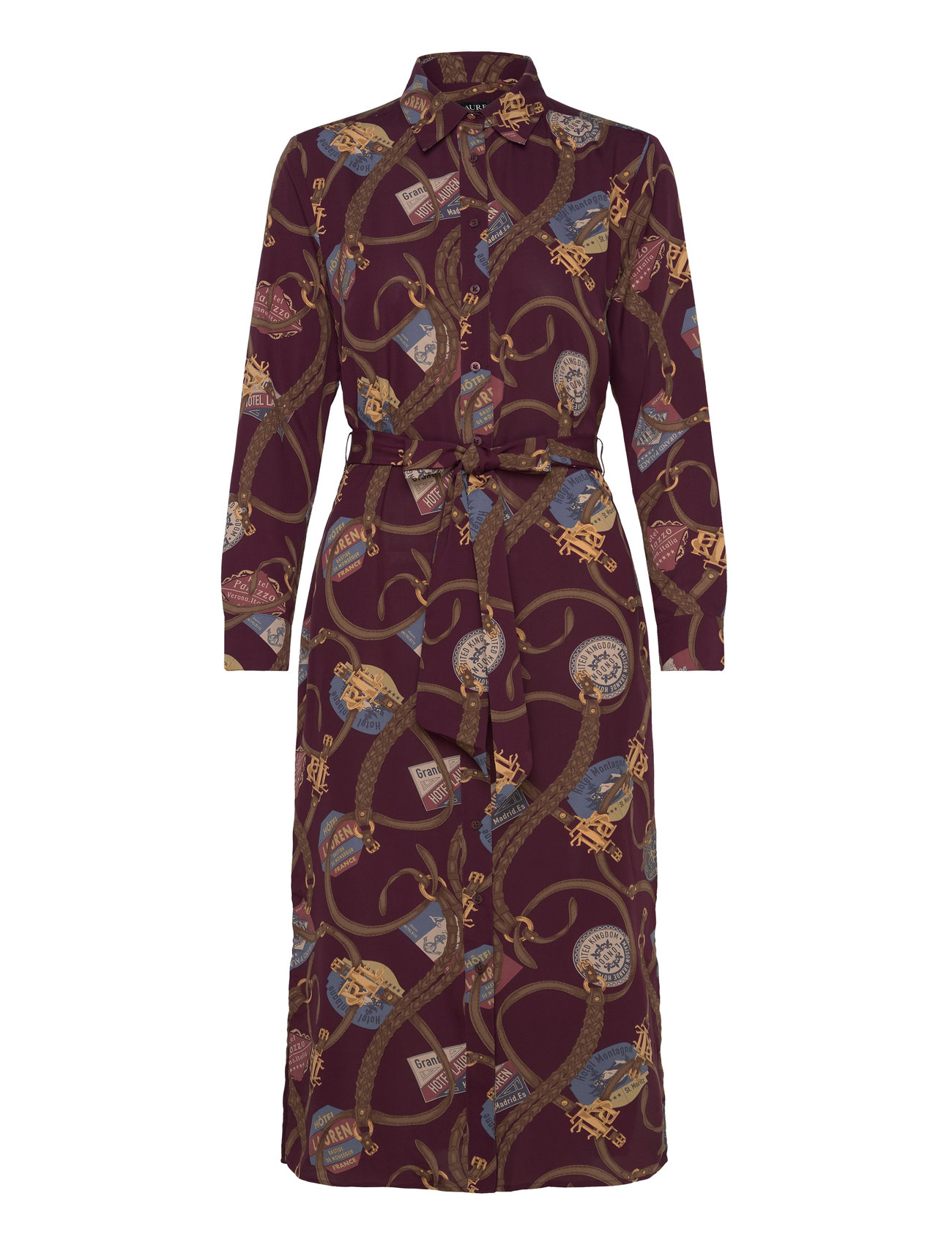 Lauren Ralph Lauren Belting-Print Crepe Shirtdress Burgundy