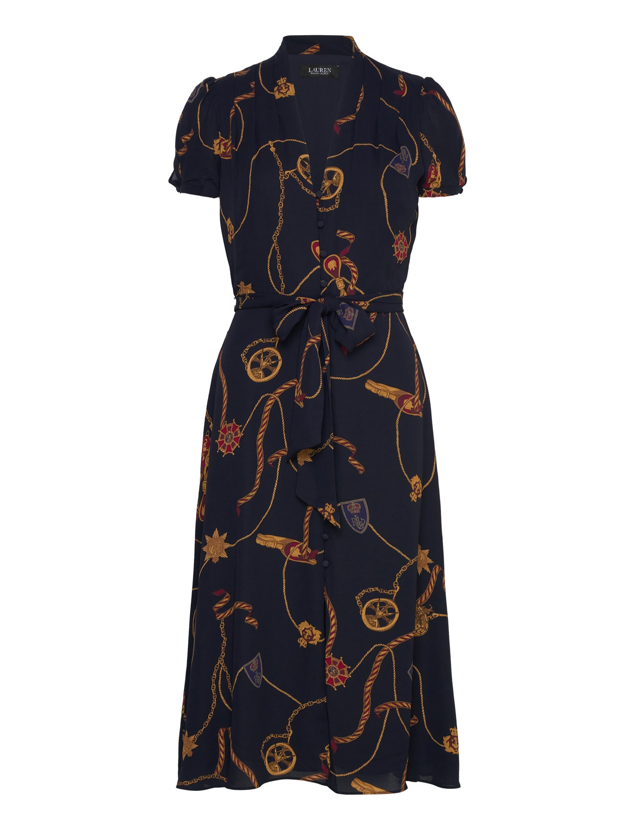 Print Belted Georgette Puff-Sleeve Dress Knelang Kjole Navy Lauren Ralph Lauren