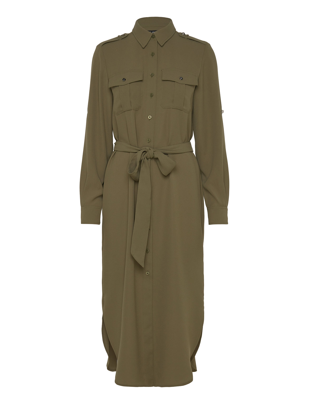 Belted Double-Faced Georgette Shirtdress Dresses Shirt Dresses Khaki Green Lauren Ralph Lauren