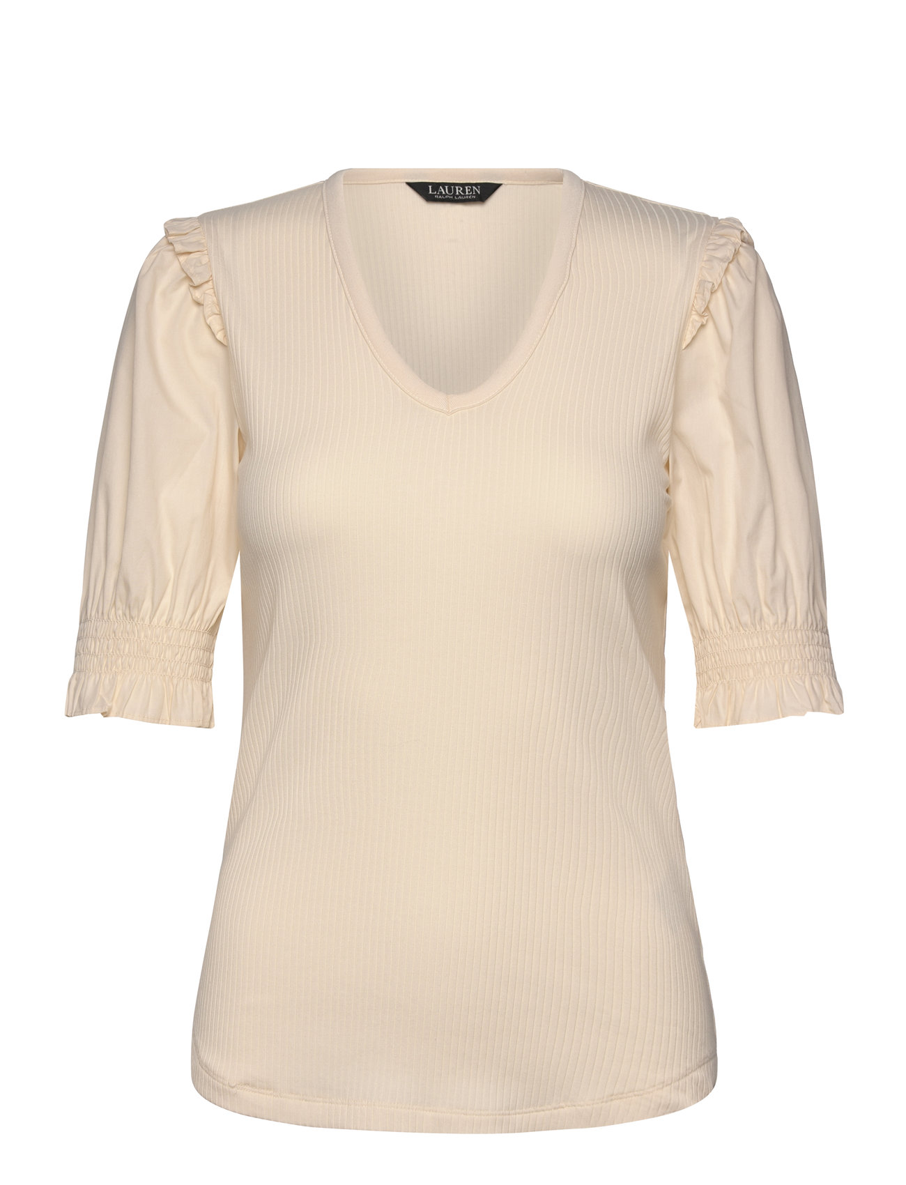 Lauren Ralph Lauren Rib-Knit Cotton-Blend Puff-Sleeve Top Kräm