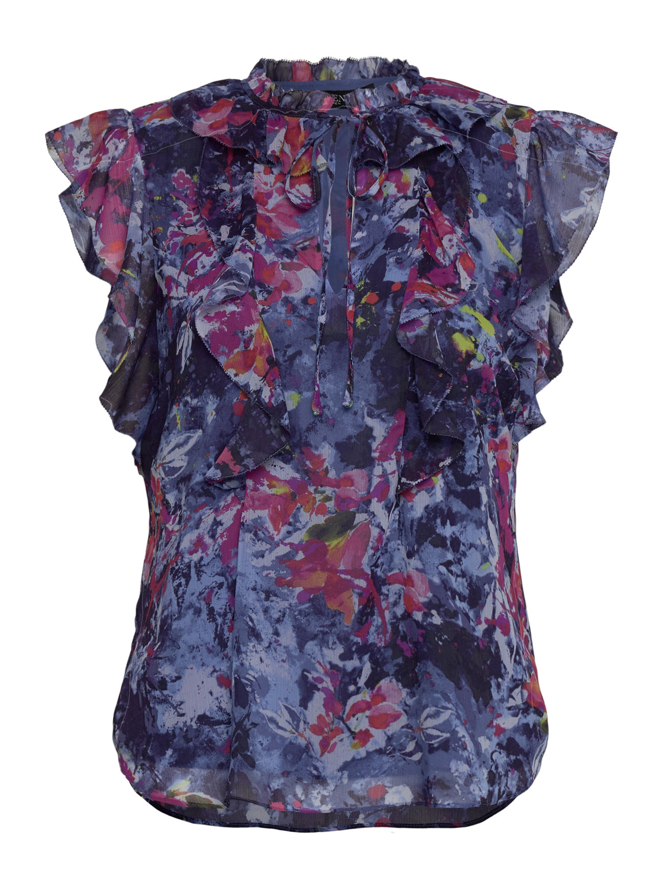 LAUREN RALPH LAUREN Print Ruffle-Trim Georgette Bluse Blau - XS - Damen