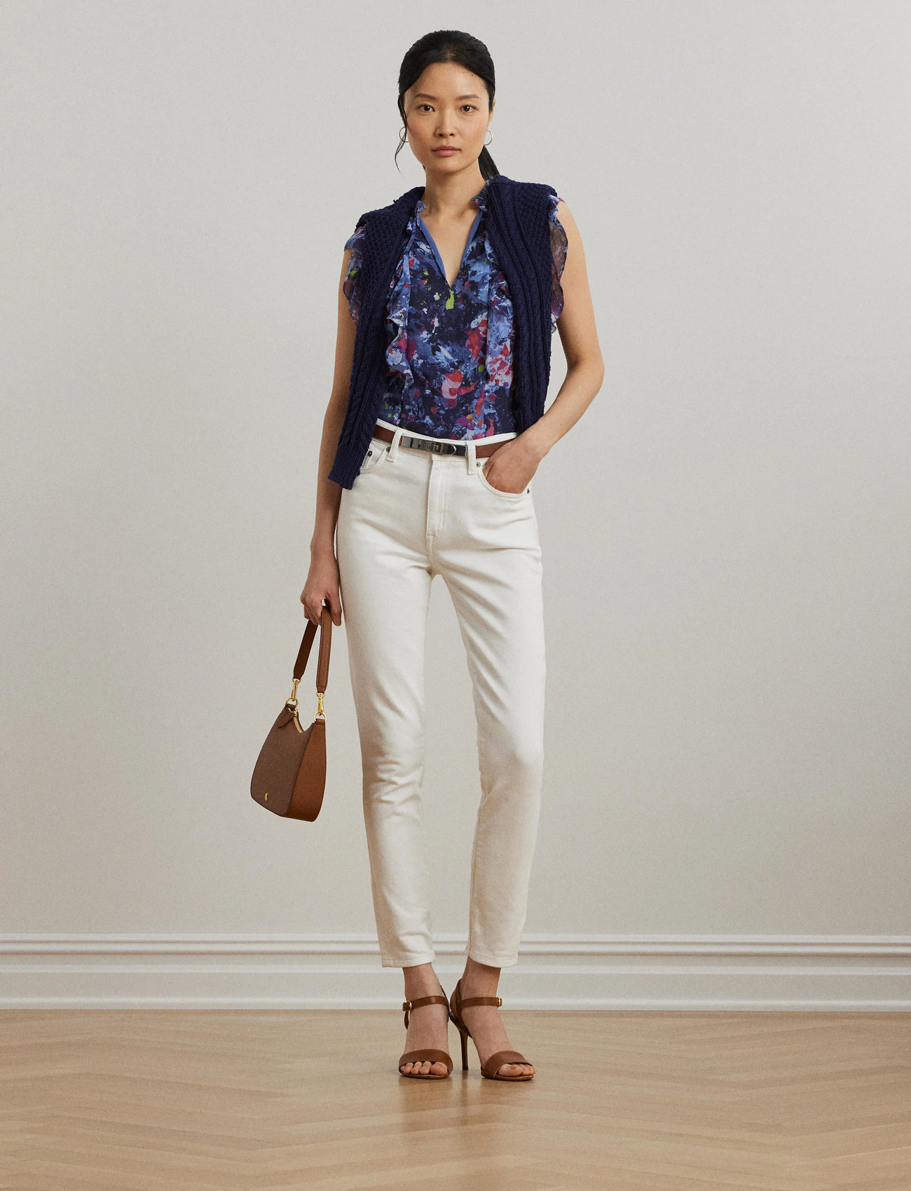 Lauren Ralph Lauren Print Ruffle-Trim Georgette Blouse, XS, Blue, Bluser > Kortærmede, Dame