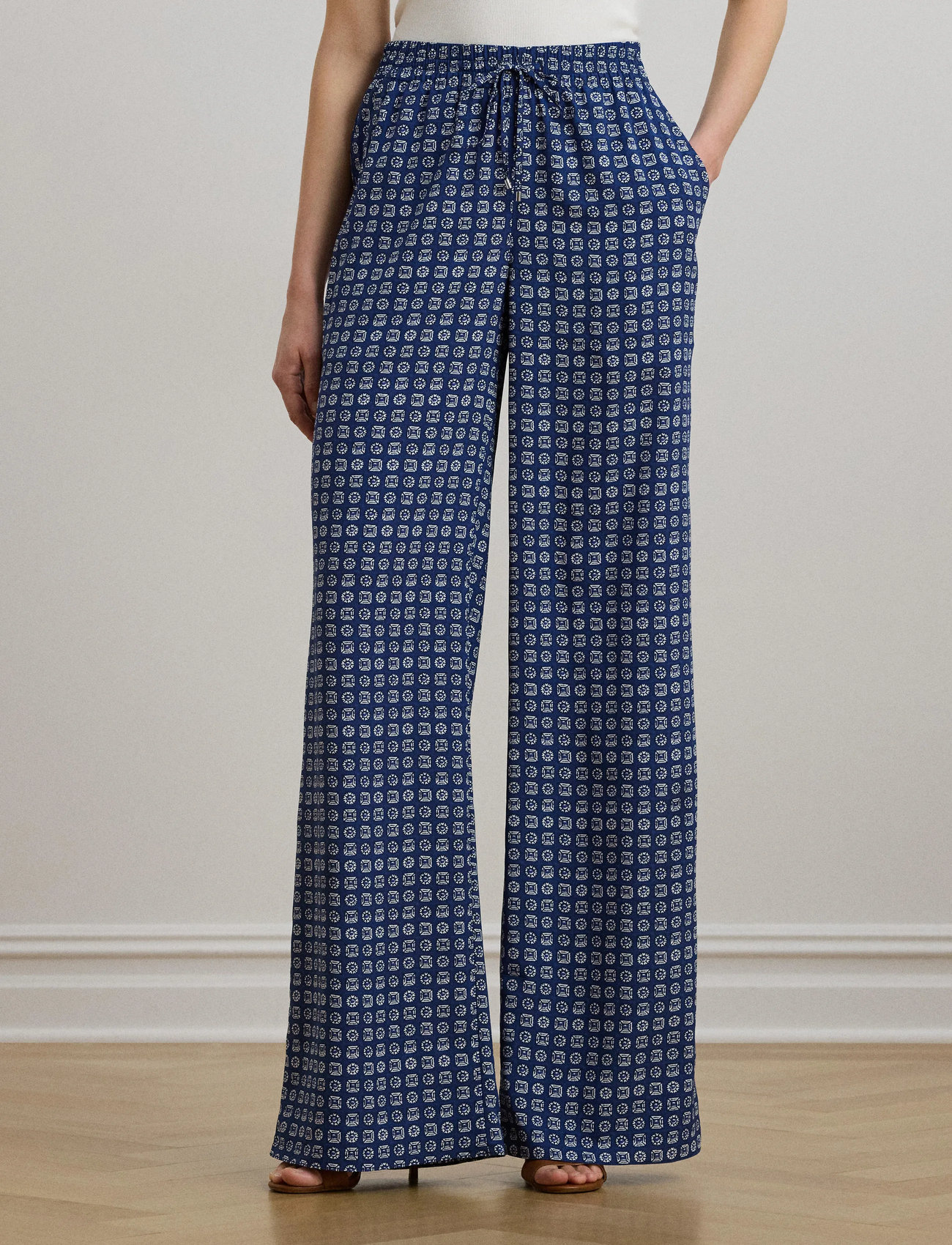 Lauren Ralph Lauren Geo-Print Crepe Wide-Leg Pant, XL, Navy, Bukser > Brede Ben, Dame