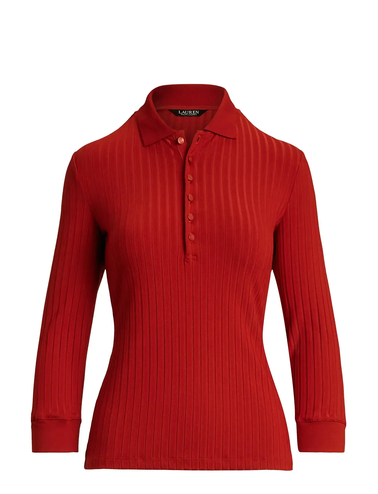 LAUREN RALPH LAUREN Rib-Knit Three-Quarter-Sleeve Polo Shirt Rot - L - Damen