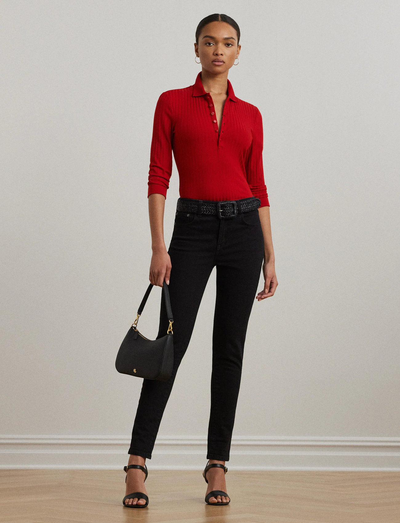 Lauren Ralph Lauren Rib-Knit Three-Quarter-Sleeve Polo Shirt, L, Red, Strik > Trøjer, Dame