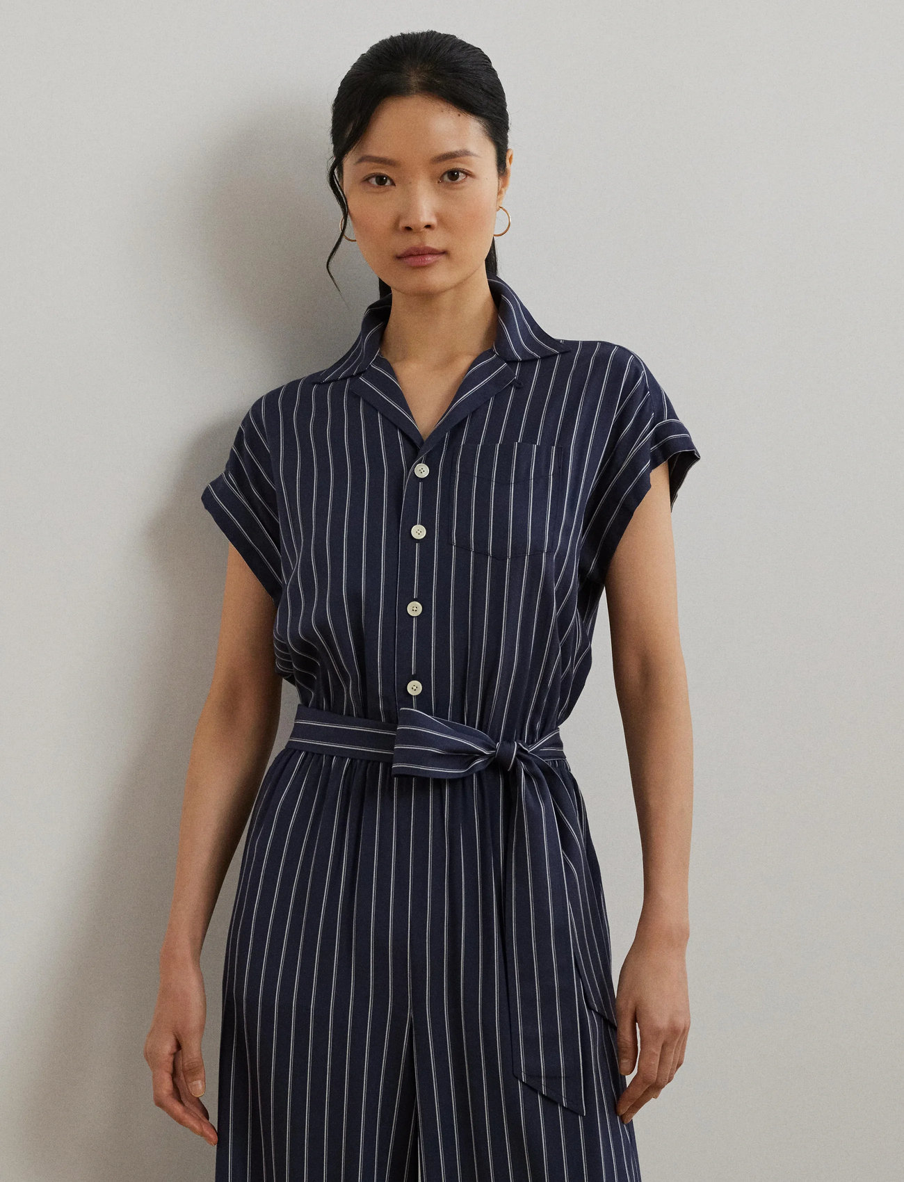 Lauren Ralph Lauren Striped Belted Twill Wide-Leg Jumpsuit, 42, Navy, Underdele > Jumpsuits, Dame