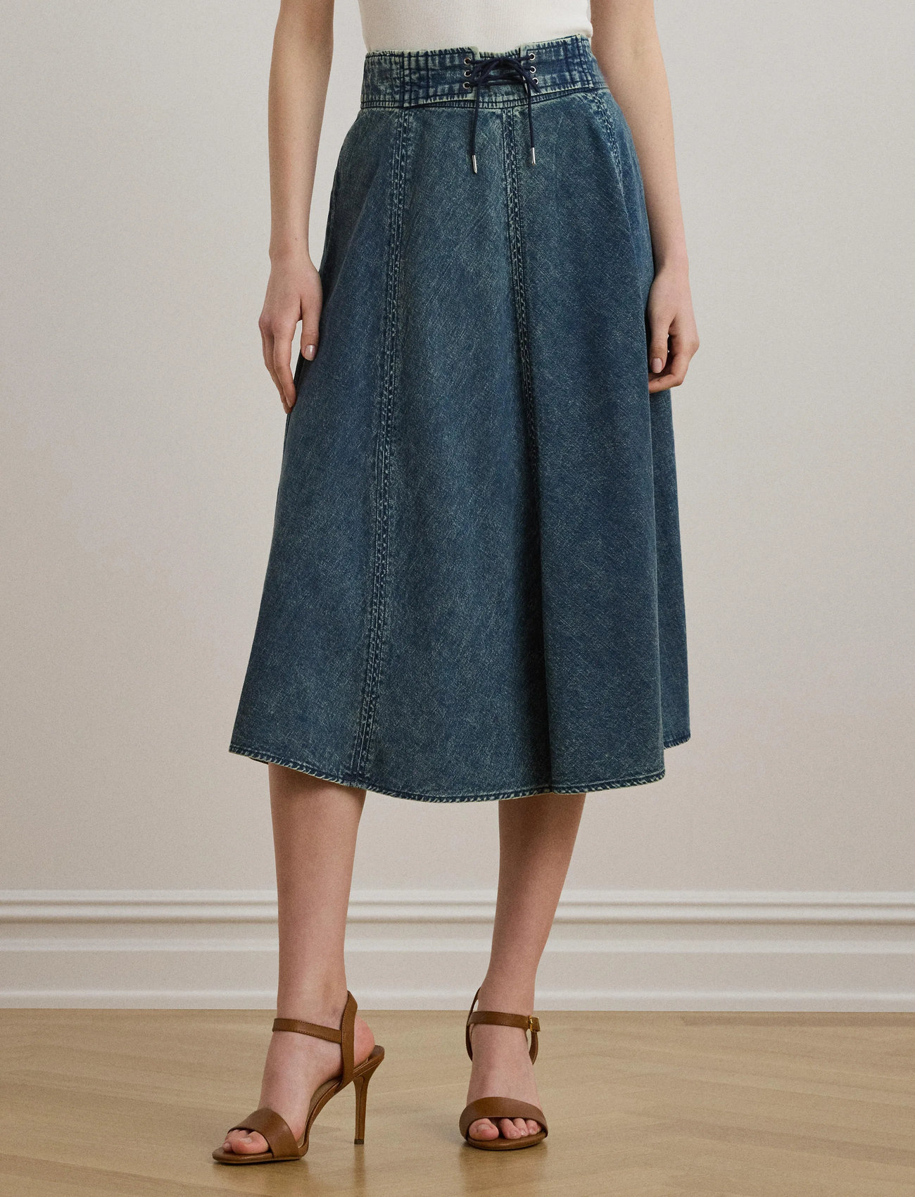 Lauren Ralph Lauren Denim Drawcord Midi Skirt, 32, Blue, Nederdele > Knælange Og Midi Nederdele, Dame