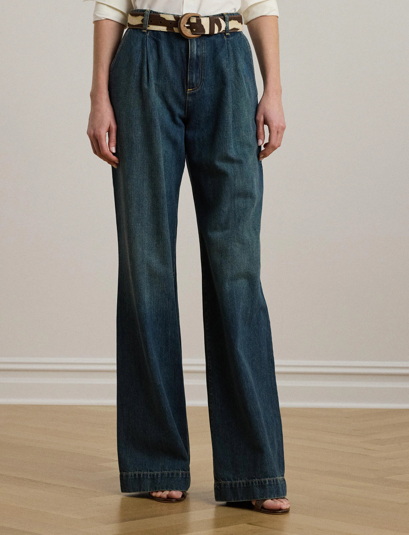 Lauren Ralph Lauren High-Rise Pleated Wide-Leg Jean, 34, Blue, Jeans > Vidde, Dame