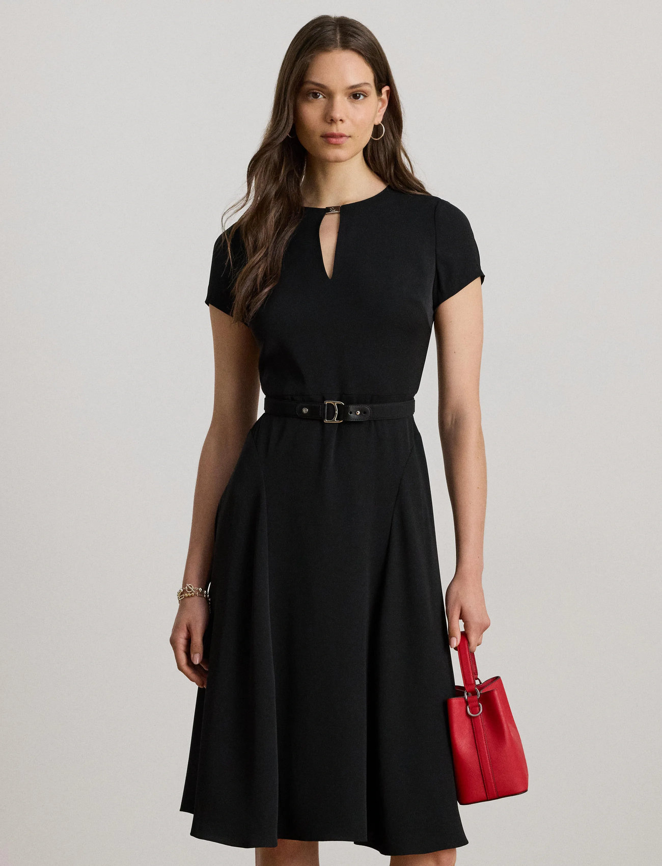 Lauren Ralph Lauren Belted Georgette Dress, 42, Black, Kjoler > Knælange Og Midi, Dame