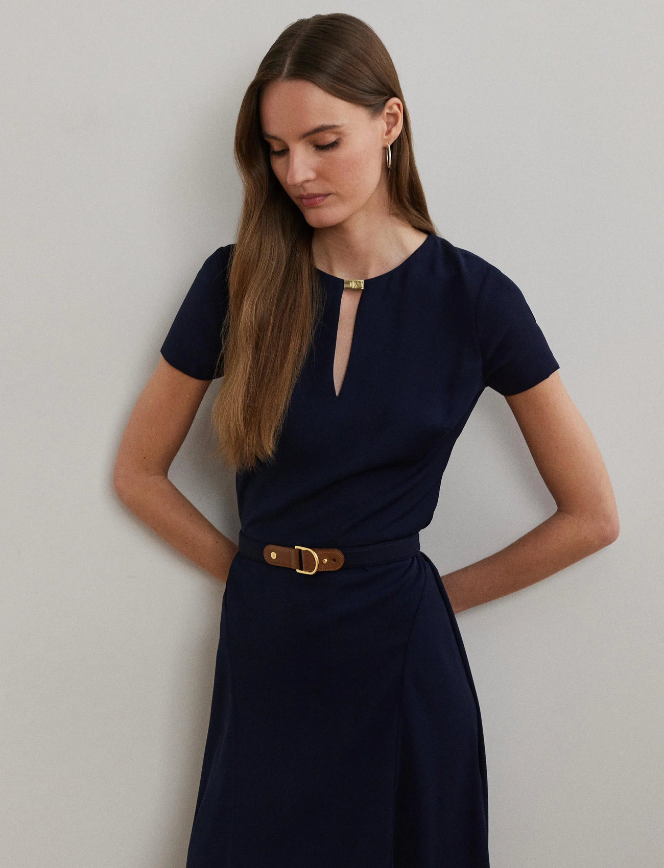 Lauren Ralph Lauren Belted Georgette Dress, 46, Navy, Kjoler > Knælange Og Midi, Dame