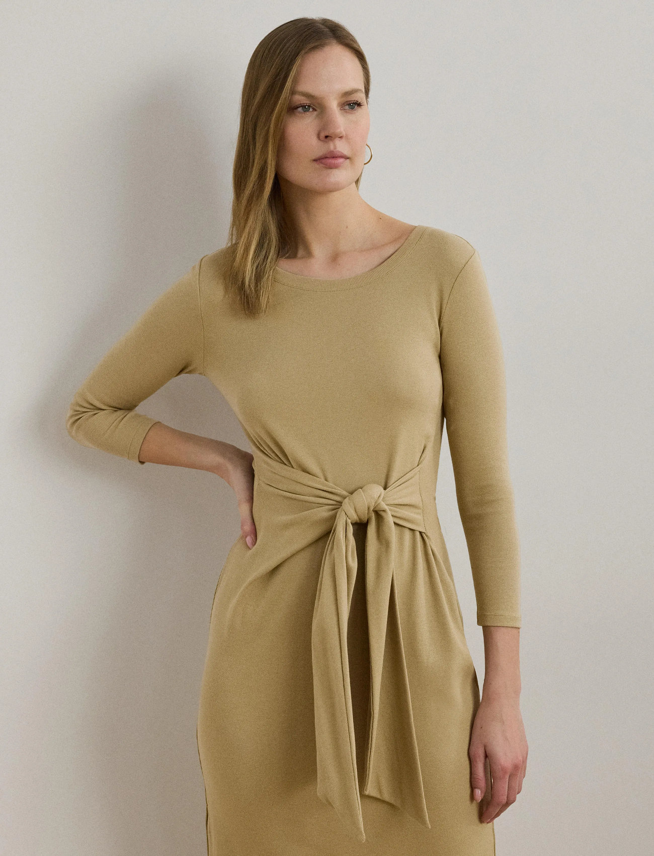 Lauren Ralph Lauren Tie-Front Cotton-Blend Crewneck Dress, M, Beige, Kjoler > Knælange Og Midi, Dame