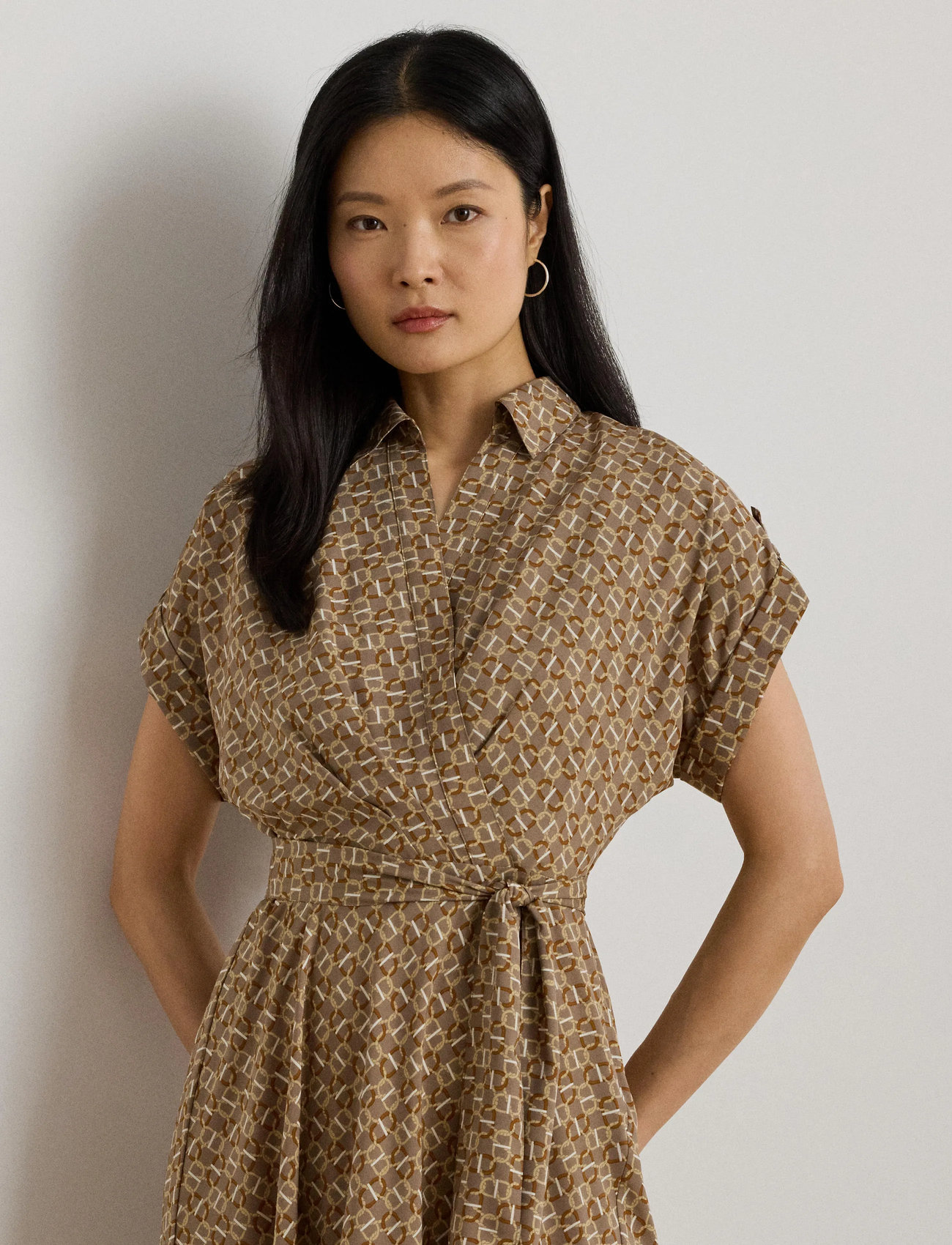 Lauren Ralph Lauren Geo-Print Belted Crepe Dress, 34, Brown, Designere > Knælange Og Midi, Dame