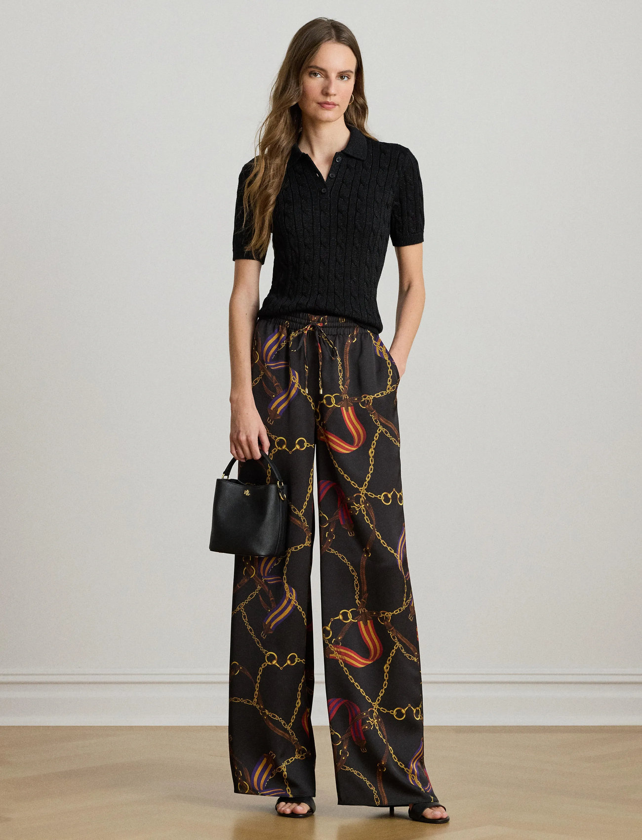 Lauren Ralph Lauren Metallic Cable-Knit Polo Sweater, M, Black, T-Shirts & Toppe > Kortærmede, Dame