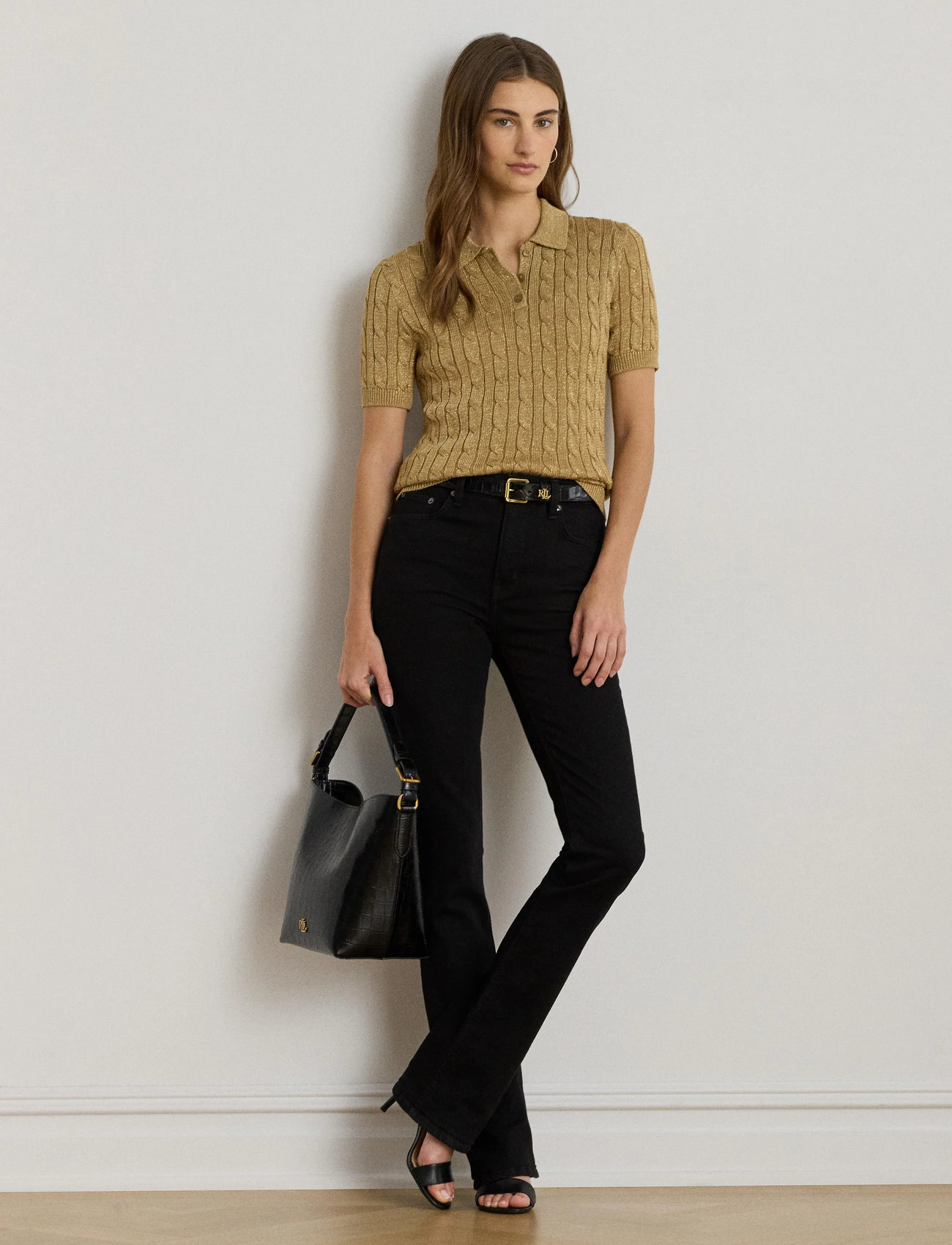 Lauren Ralph Lauren Metallic Cable-Knit Polo Sweater, M, Beige, T-Shirts & Toppe > Kortærmede, Dame