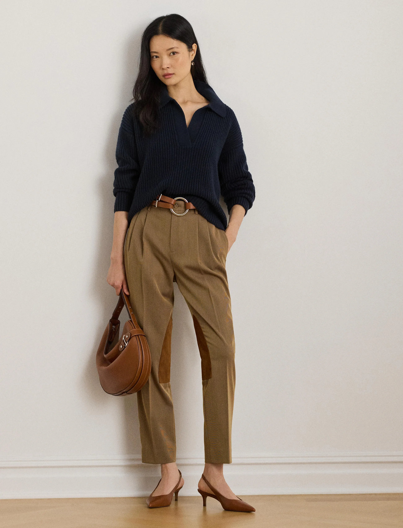 Lauren Ralph Lauren Wool-Blend Polo Sweater, L, Navy, Strik > Trøjer, Dame