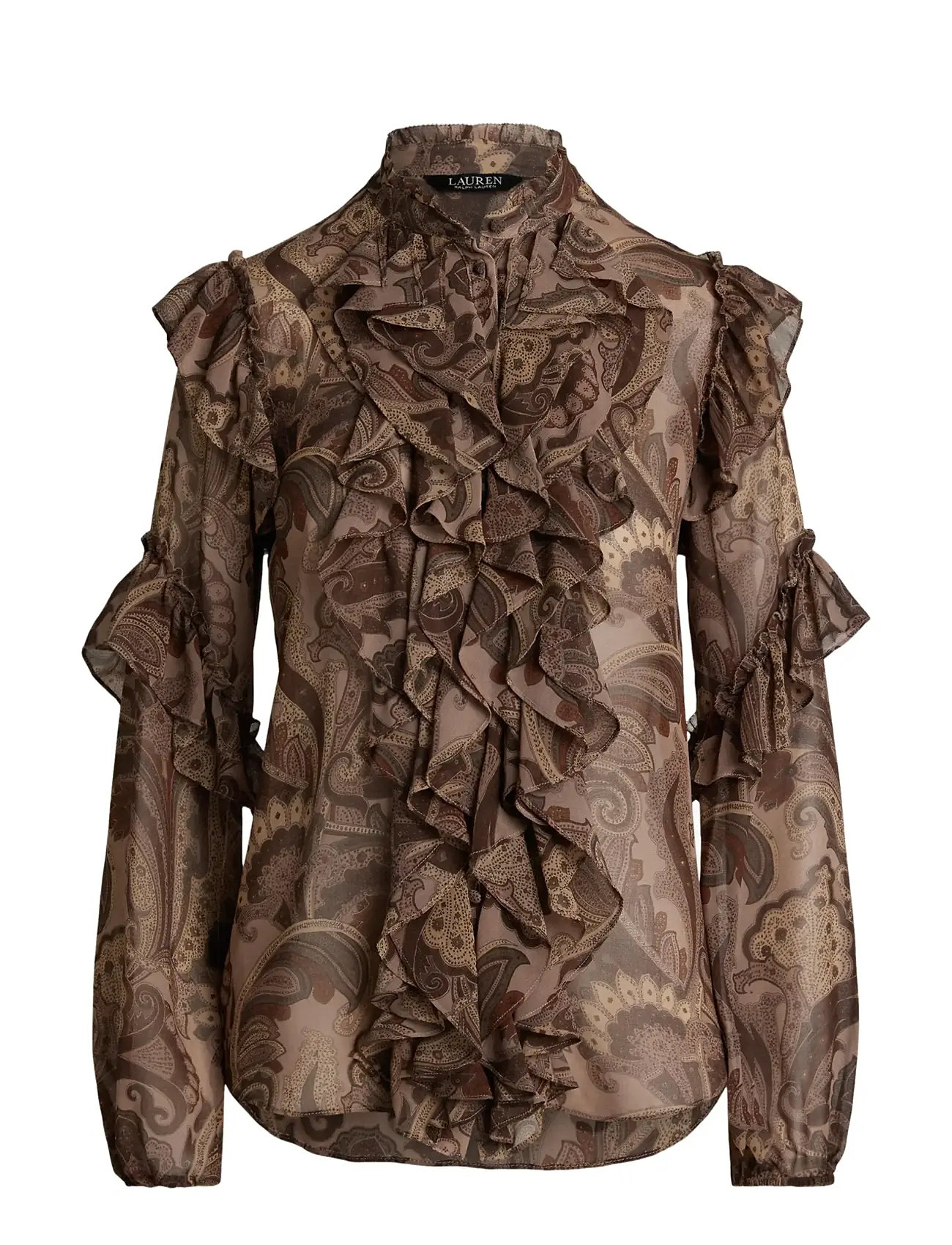 LAUREN RALPH LAUREN Paisley Ruffle-Trim Chiffon Bluse Braun - XS - Damen