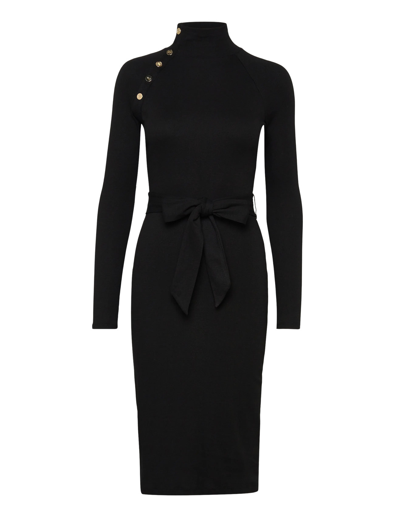 LAUREN RALPH LAUREN Button-Trim Rib-Knit Mockneck Kleid Schwarz - L - Damen