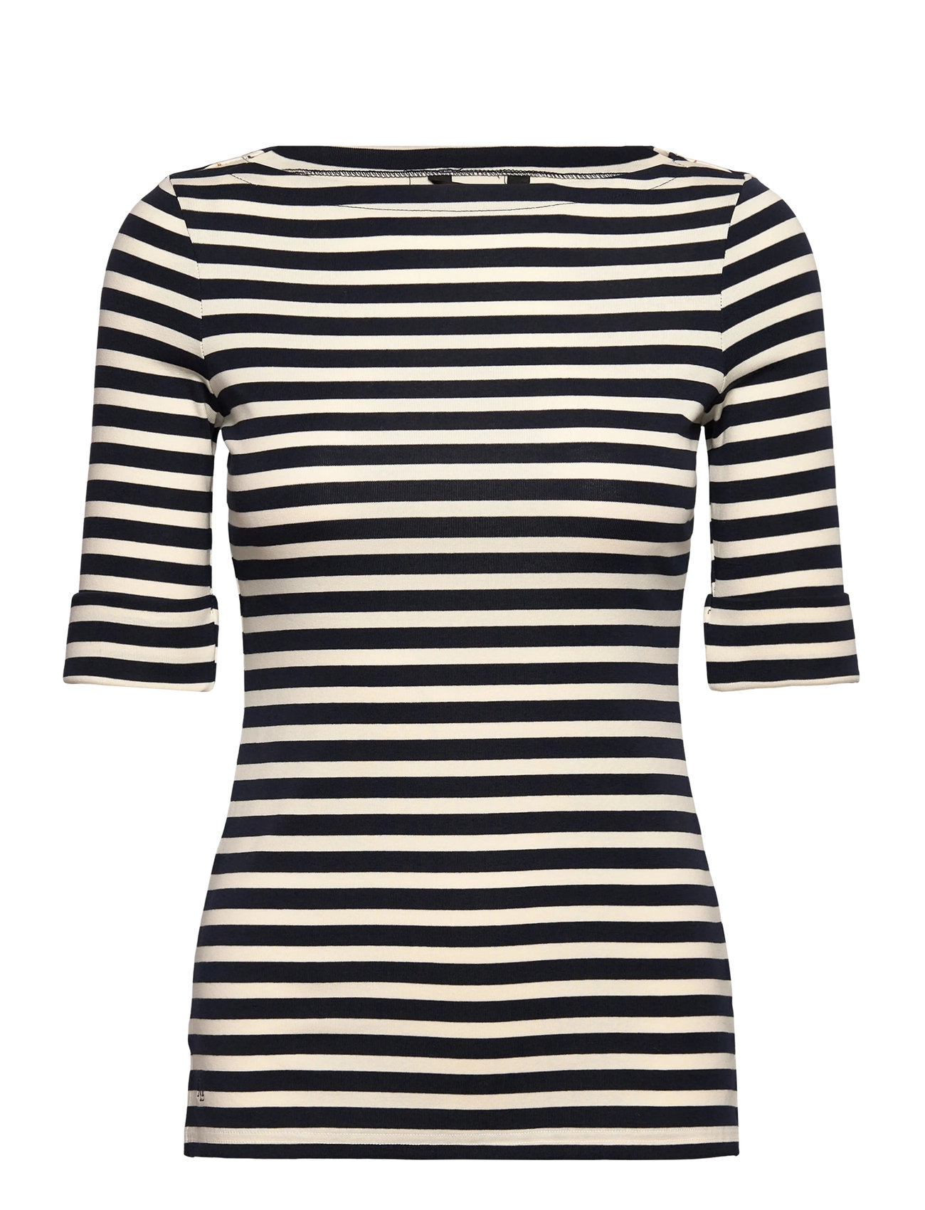 Lauren Ralph Lauren Striped Stretch Cotton Boatneck Tee, M, Navy, T-Shirts & Toppe > Kortærmede, Dame