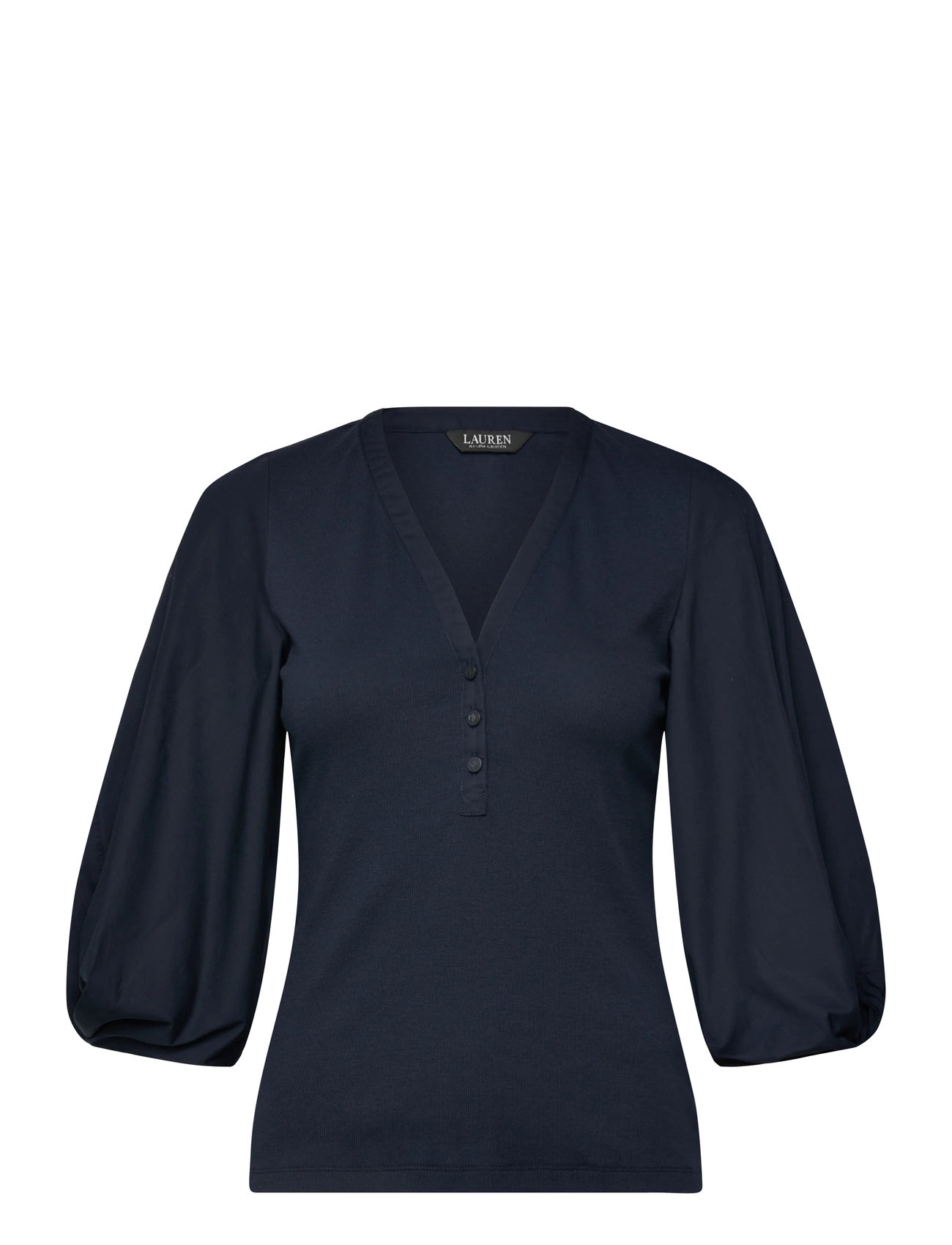 LAUREN RALPH LAUREN Rib-Knit Balloon-Sleeve Henley Oberteil Navy - XS - Damen
