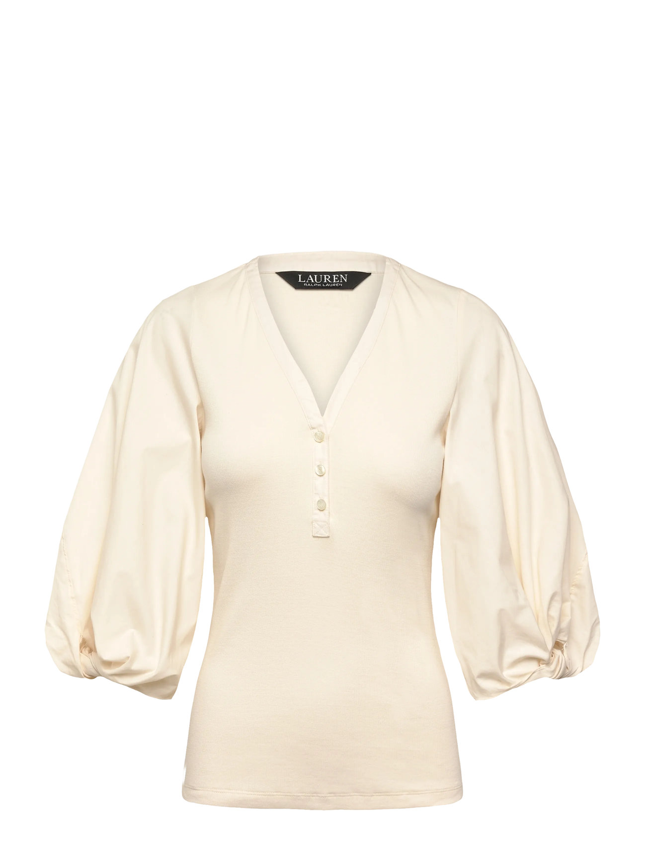 LAUREN RALPH LAUREN Rib-Knit Balloon-Sleeve Henley Oberteil Cream - XL - Damen