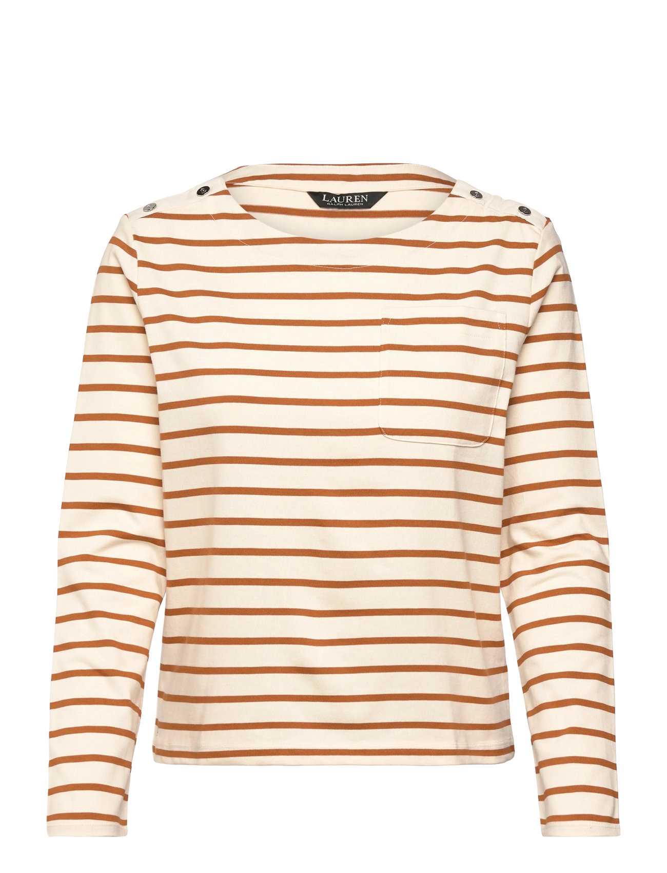 LAUREN RALPH LAUREN Gestreift Jersey Snap-Trim Boatneck Oberteil Beige - S - Damen