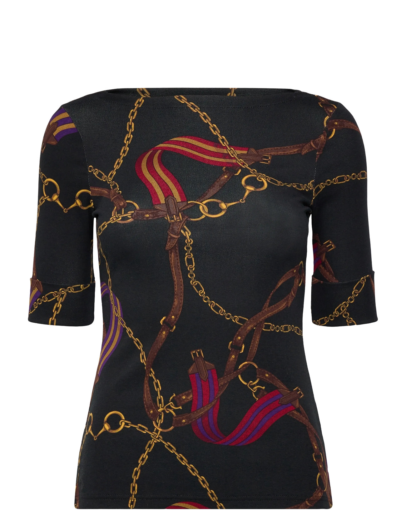 Lauren Ralph Lauren Print Stretch Cotton Boatneck Tee, XS, Black, T-Shirts & Toppe > Kortærmede, Dame