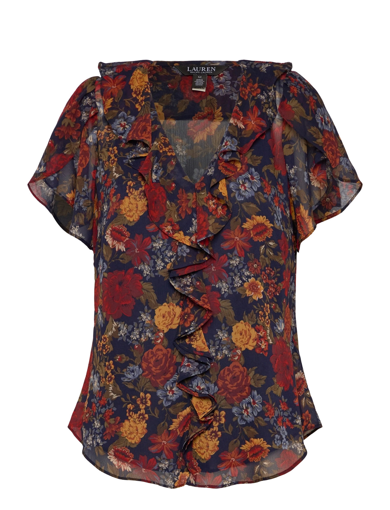 LAUREN RALPH LAUREN Floral Ruffle-Trim Georgette Bluse Navy - XL - Damen