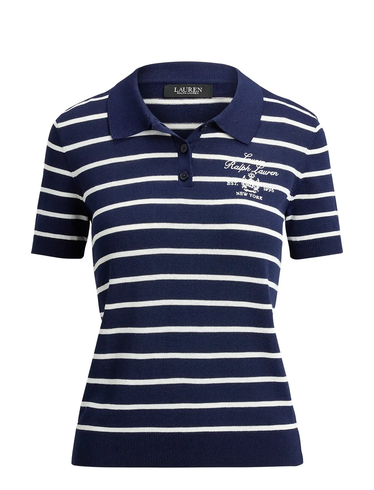 Lauren Ralph Lauren Striped Cotton-Blend Polo Sweater, XL, Navy, T-Shirts & Toppe > Kortærmede, Dame