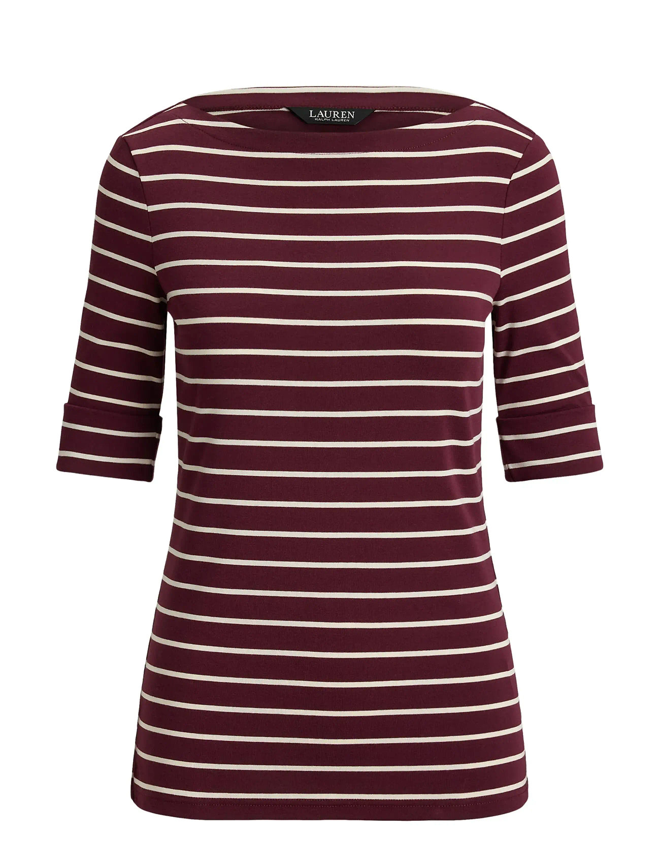 Lauren Ralph Lauren Striped Stretch Cotton Boatneck Tee, L, Burgundy, T-Shirts & Toppe > Kortærmede, Dame