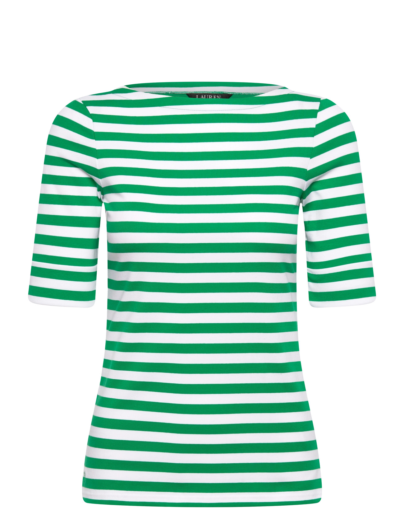 Lauren Ralph Lauren Striped Stretch Cotton Boatneck Tee, XL, Green, T-Shirts & Toppe > Kortærmede, Dame
