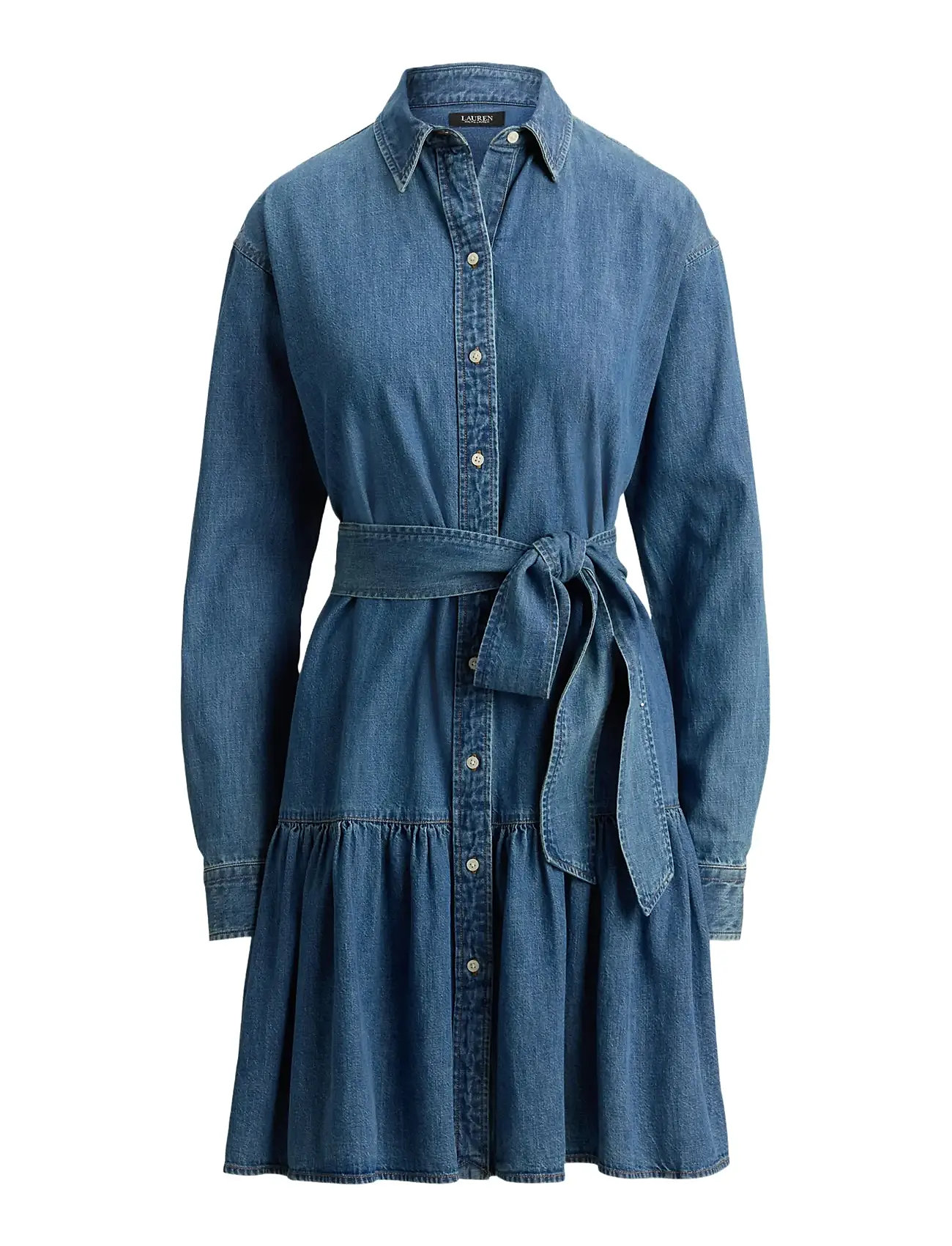 Lauren Ralph Lauren Belted Denim Tiered Shirtdress, 32, Blue, Kjoler > Kort Kjole, Dame