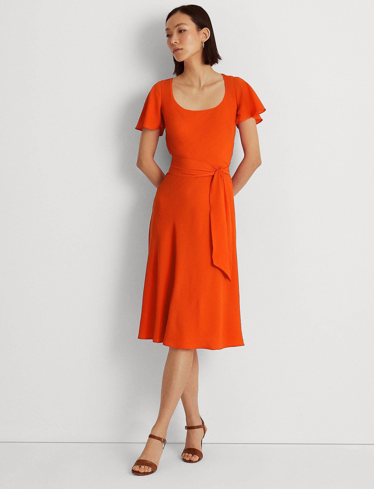 Lauren Ralph Lauren Belted Crepe Flutter-sleeve Dress - Midi dresses -  