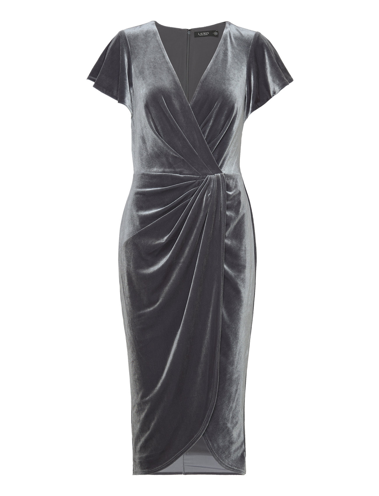 Velvet Flutter-Sleeve Cocktail Dress Knälång Klänning Grey Lauren Ralph Lauren