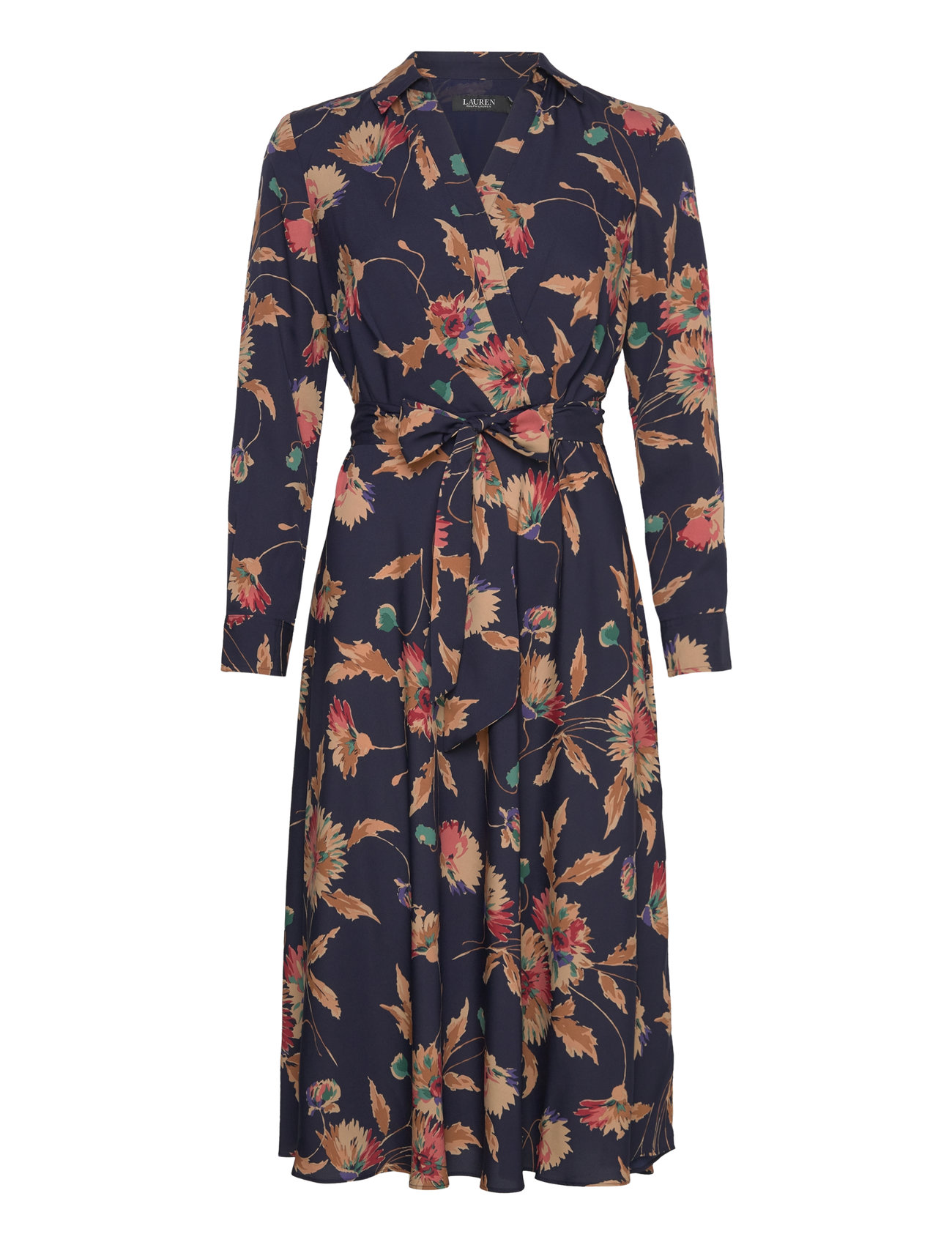 Floral Surplice Crepe Midi Dress Knelang Kjole Navy Lauren Ralph Lauren