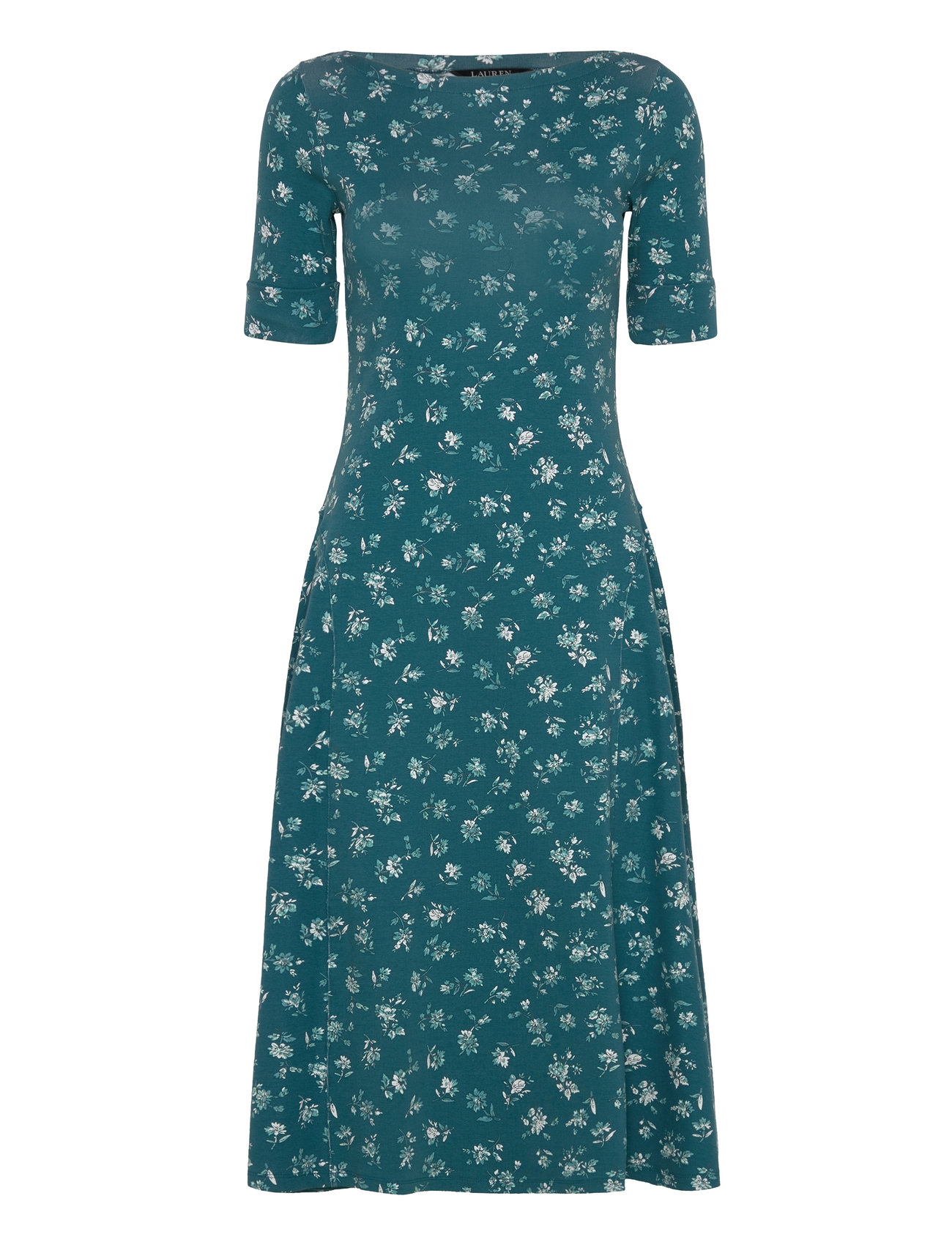 Floral Stretch Cotton Midi Dress Knelang Kjole Green Lauren Ralph Lauren