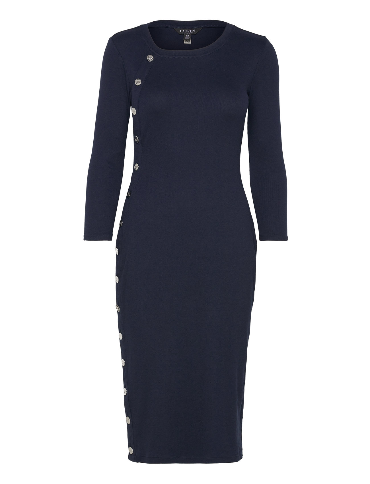 Button-Trim Rib-Knit Cotton-Blend Dress Navy Lauren Ralph Lauren