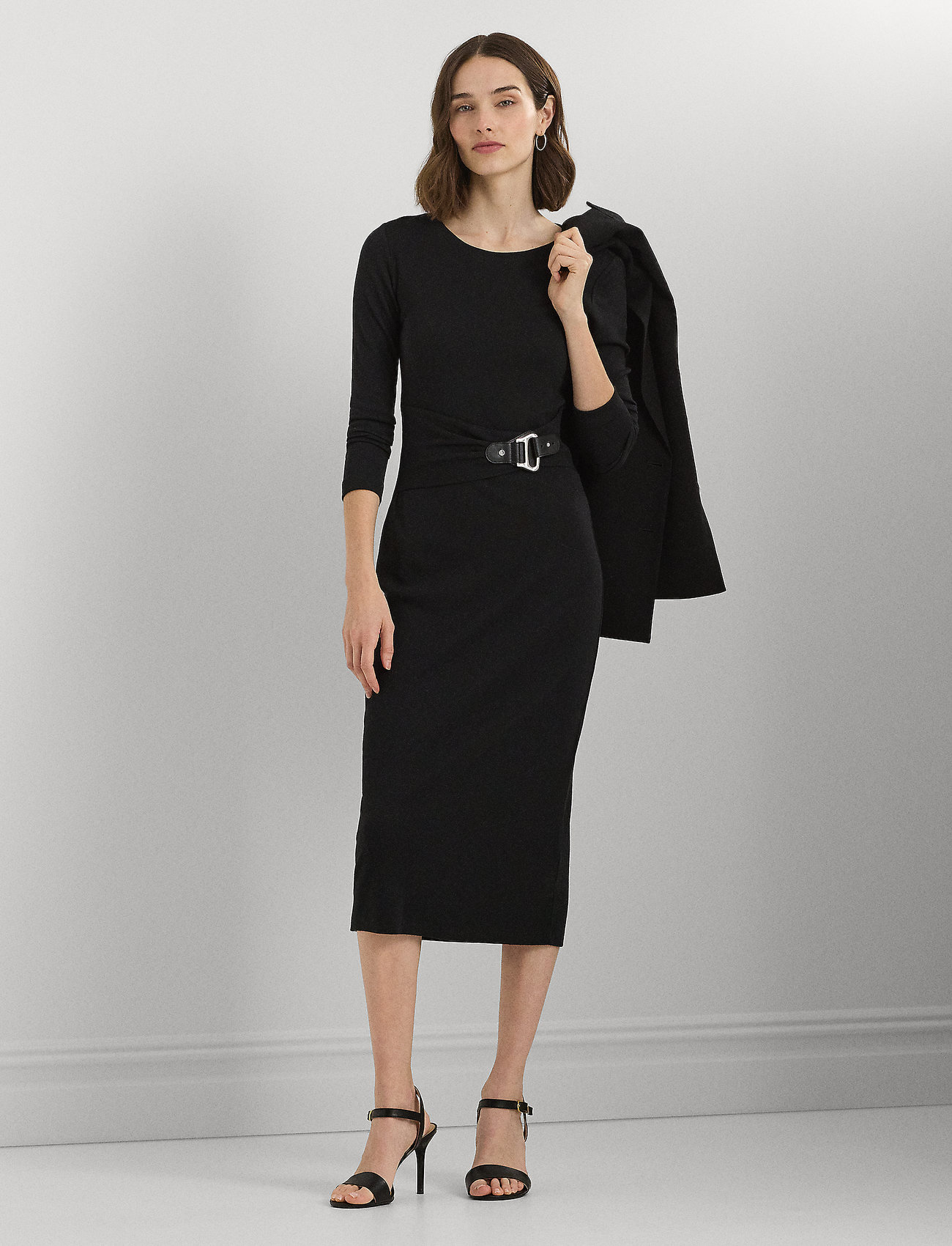 Lauren Ralph Lauren Buckle-Trim Cotton-Blend Knit Midi Dress, XL, Black, Kjoler > Knælange Og Midi, Dame