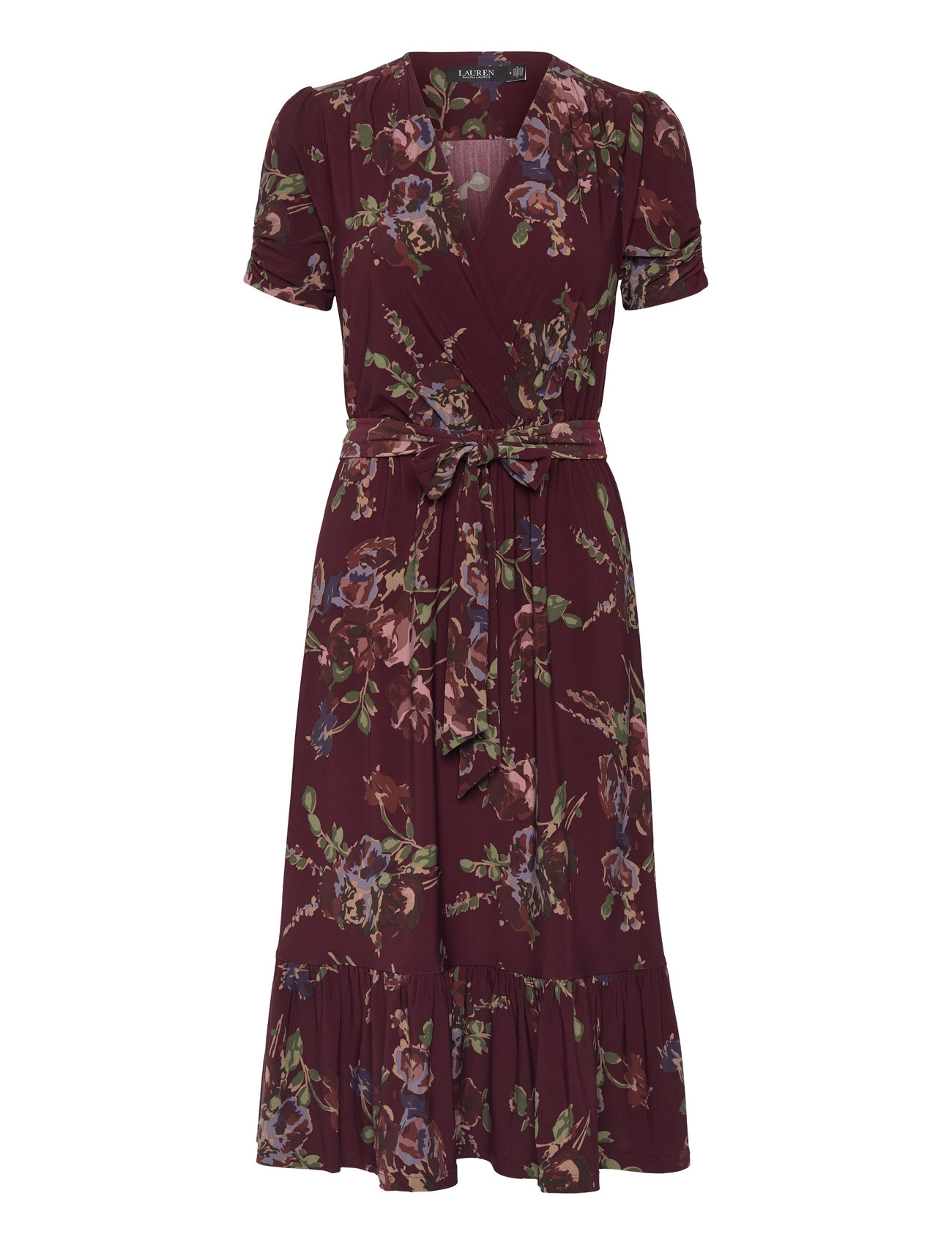 Lauren Ralph Lauren Floral Jersey Surplice Puff-Sleeve Dress Burgundy