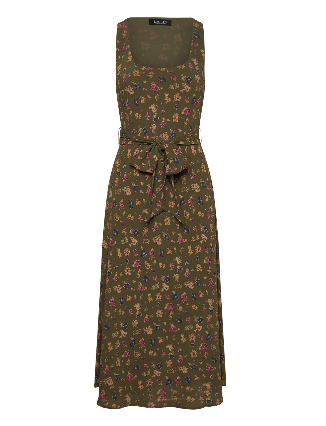 Floral Belted Crepe Sleeveless Dress Knelang Kjole Green Lauren Ralph Lauren