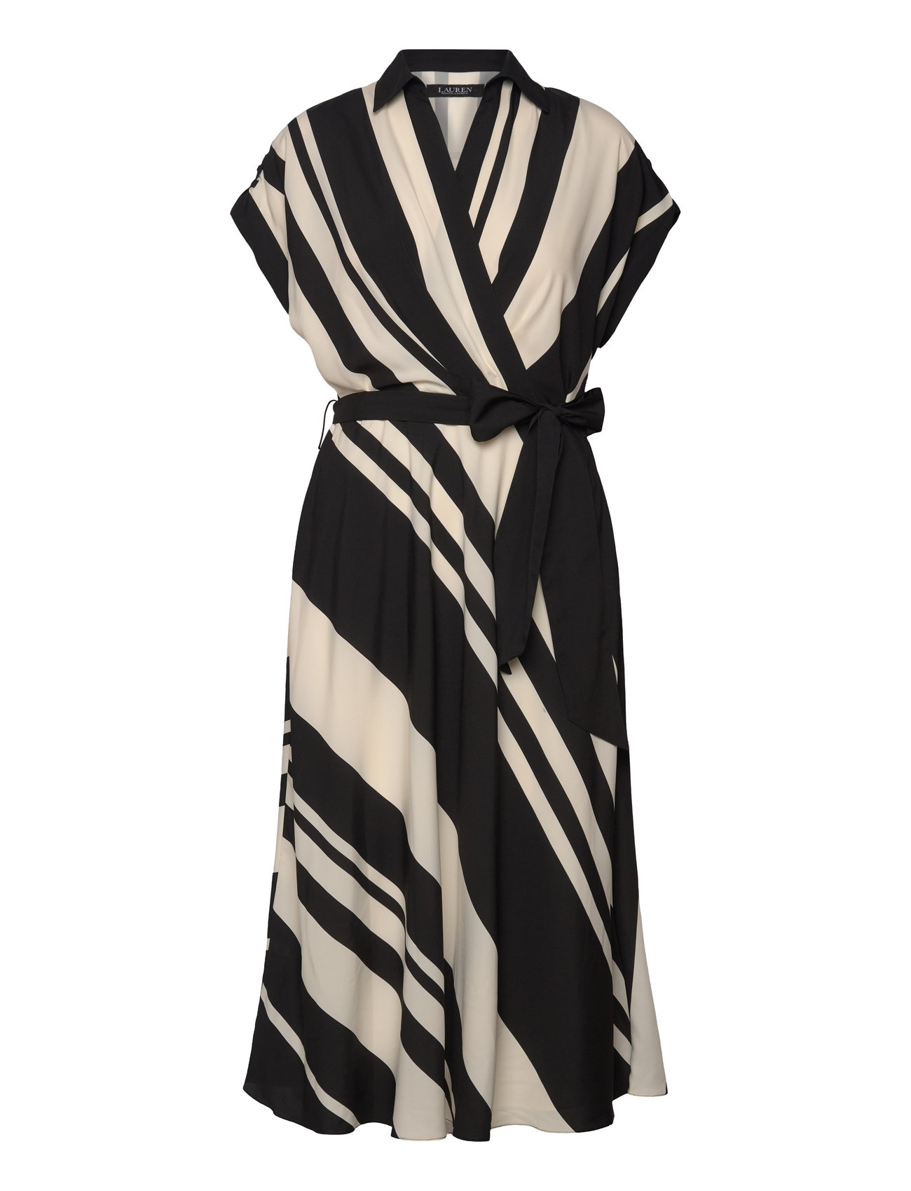 Striped Belted Crepe Dress Knelang Kjole Black Lauren Ralph Lauren