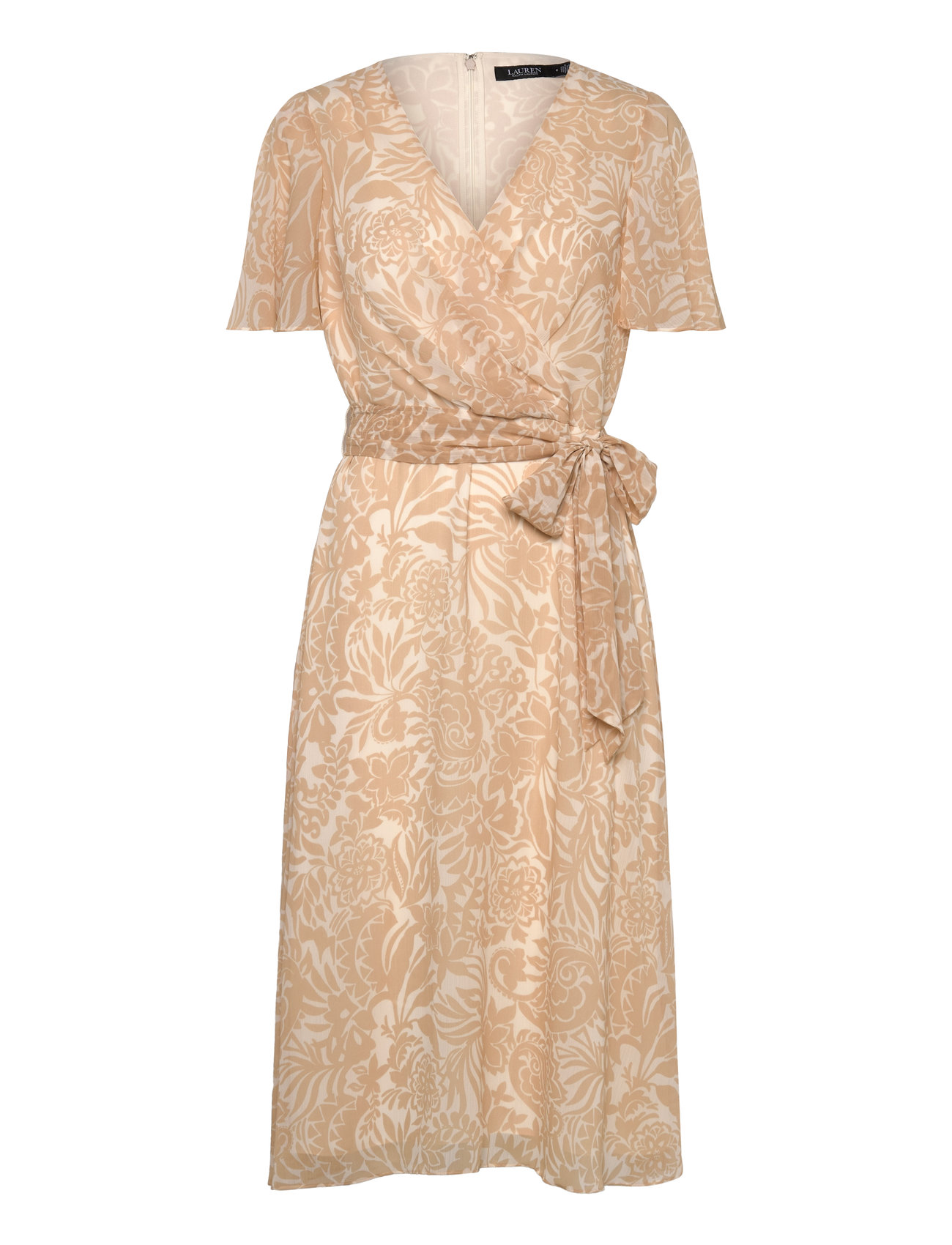 Floral Belted Crinkle Georgette Dress Knelang Kjole Beige Lauren Ralph Lauren