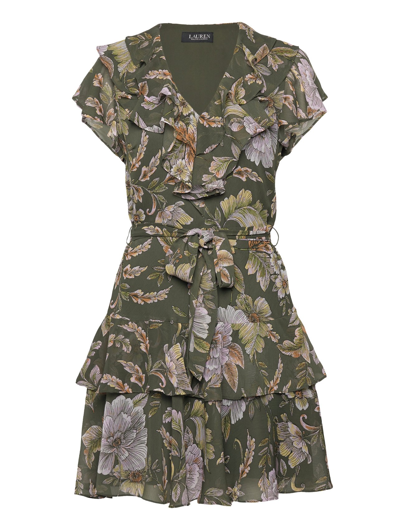 Floral Belted Crinkle Georgette Dress Knelang Kjole Green Lauren Ralph Lauren