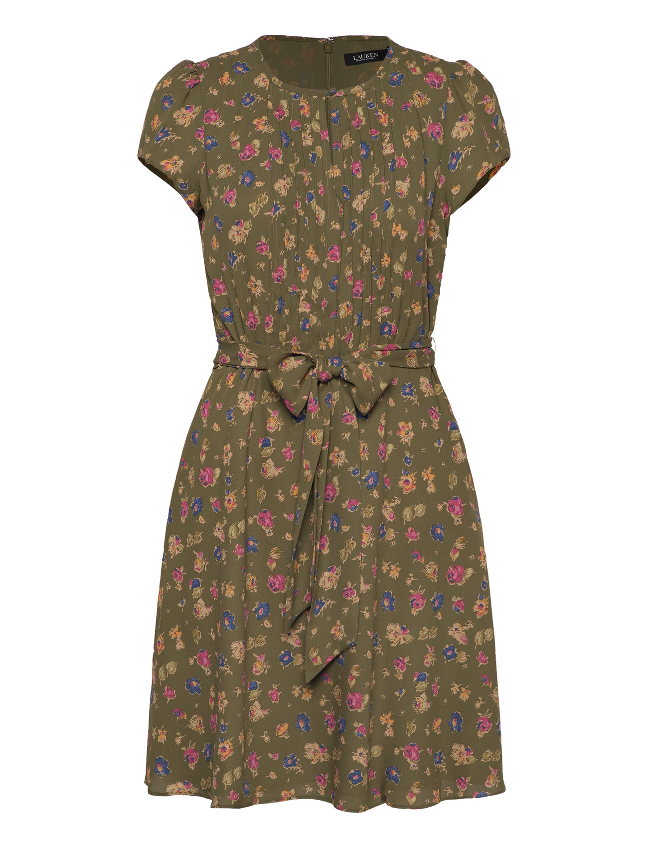 Floral Belted Georgette Pintucked Dress Knelang Kjole Green Lauren Ralph Lauren