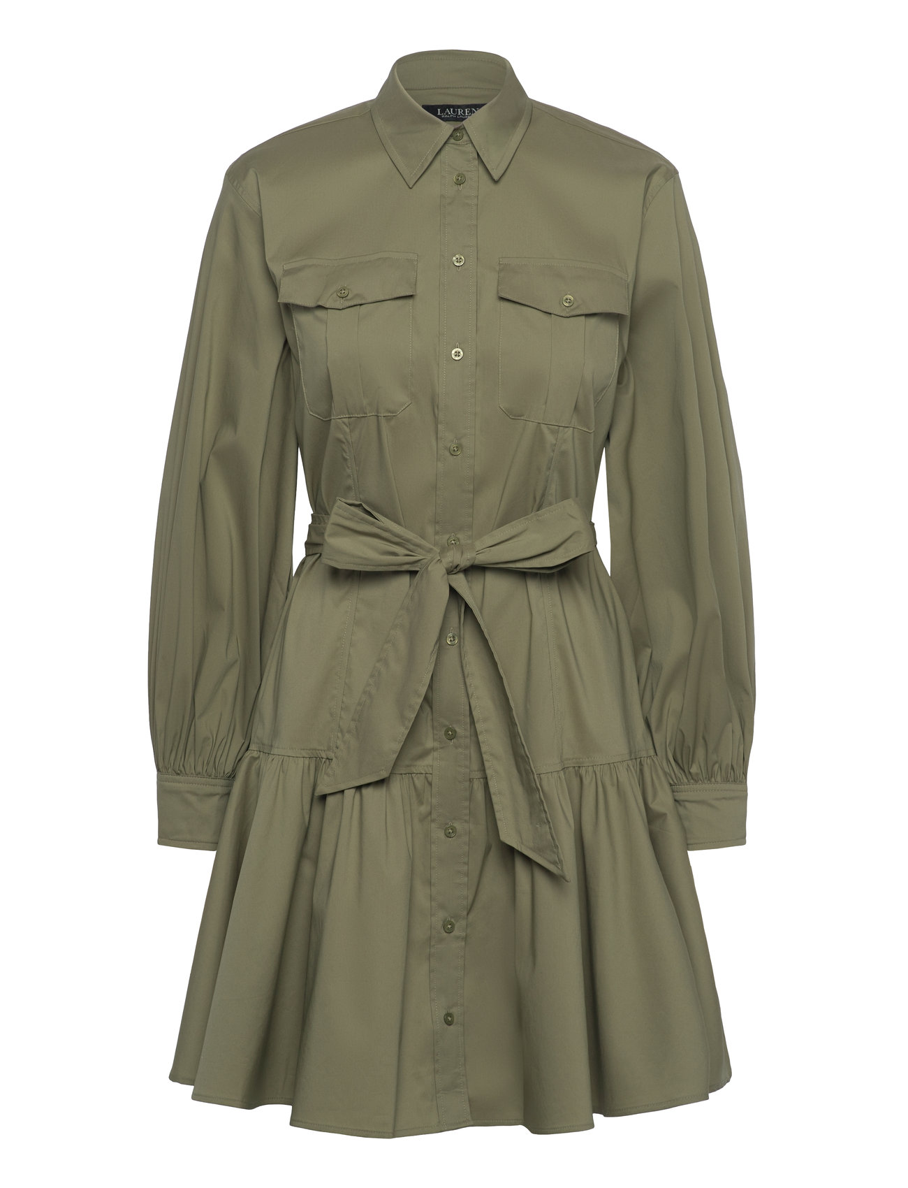 Belted Cotton-Blend Shirtdress Knelang Kjole Khaki Green Lauren Ralph Lauren