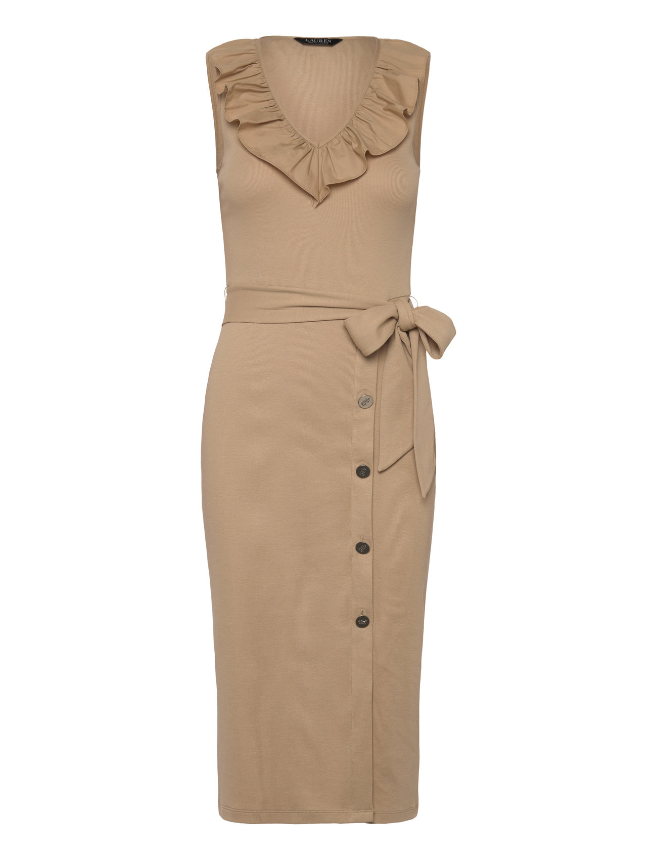 Button-Trim Rib-Knit Sleeveless Dress Knelang Kjole Beige Lauren Ralph Lauren